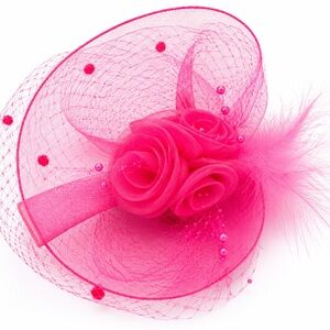 Hot Pink Fascinator Hat Mesh Feather Rose Kentucky Derby Tea Party. NEW